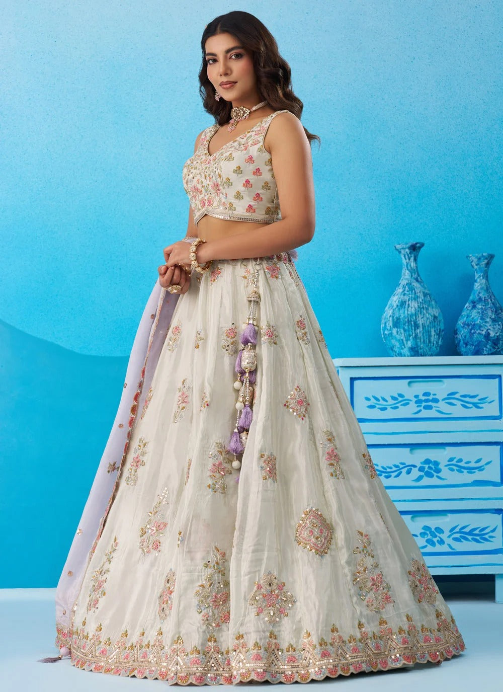 Pista Tissue Bridal Lehenga Set with Sequins and Zari Embroidery