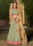 Pista Yellow Georgette Sequins and Zari Work Engagement Lehenga