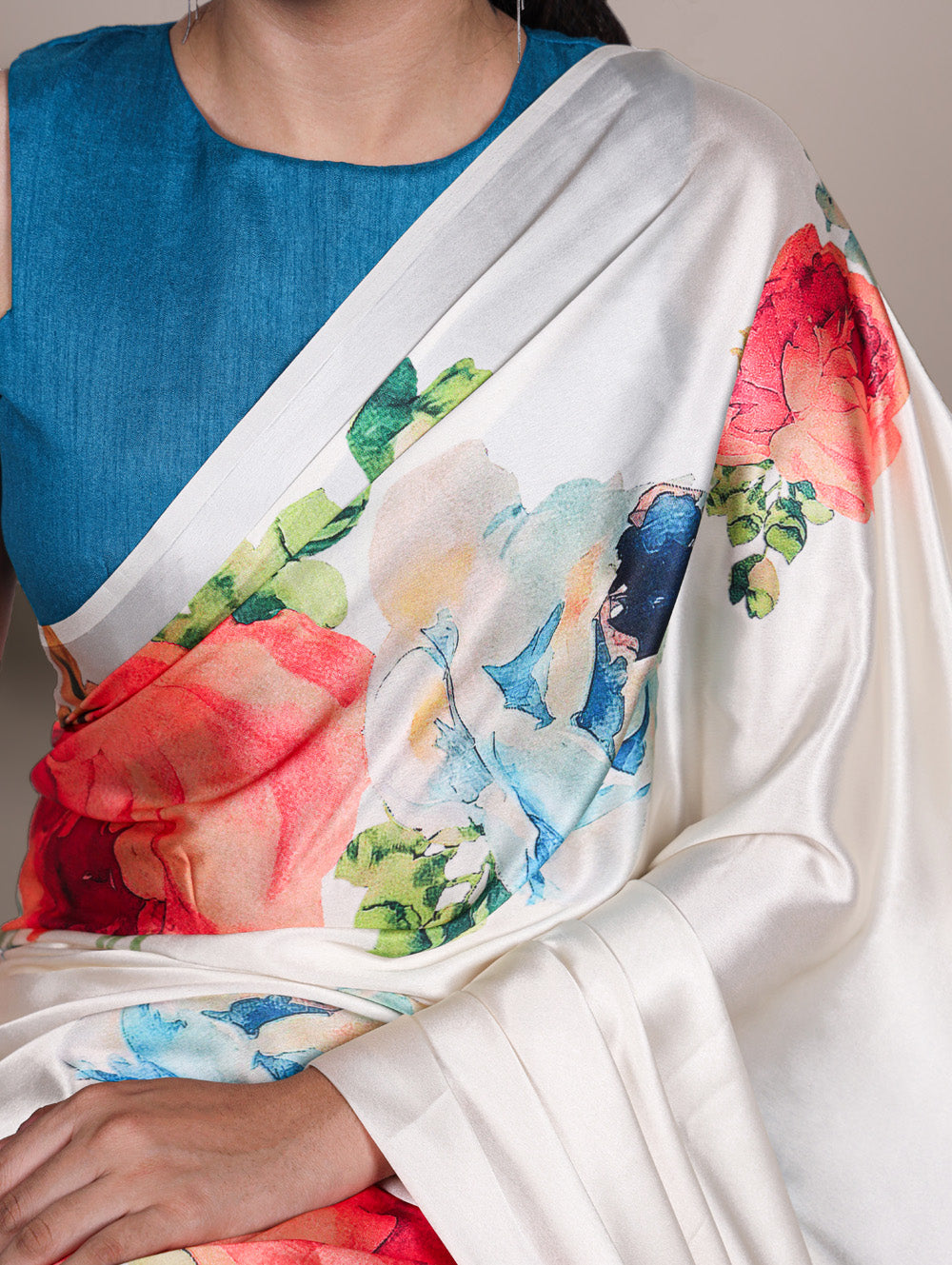 Satin silk saree with firozi blouse