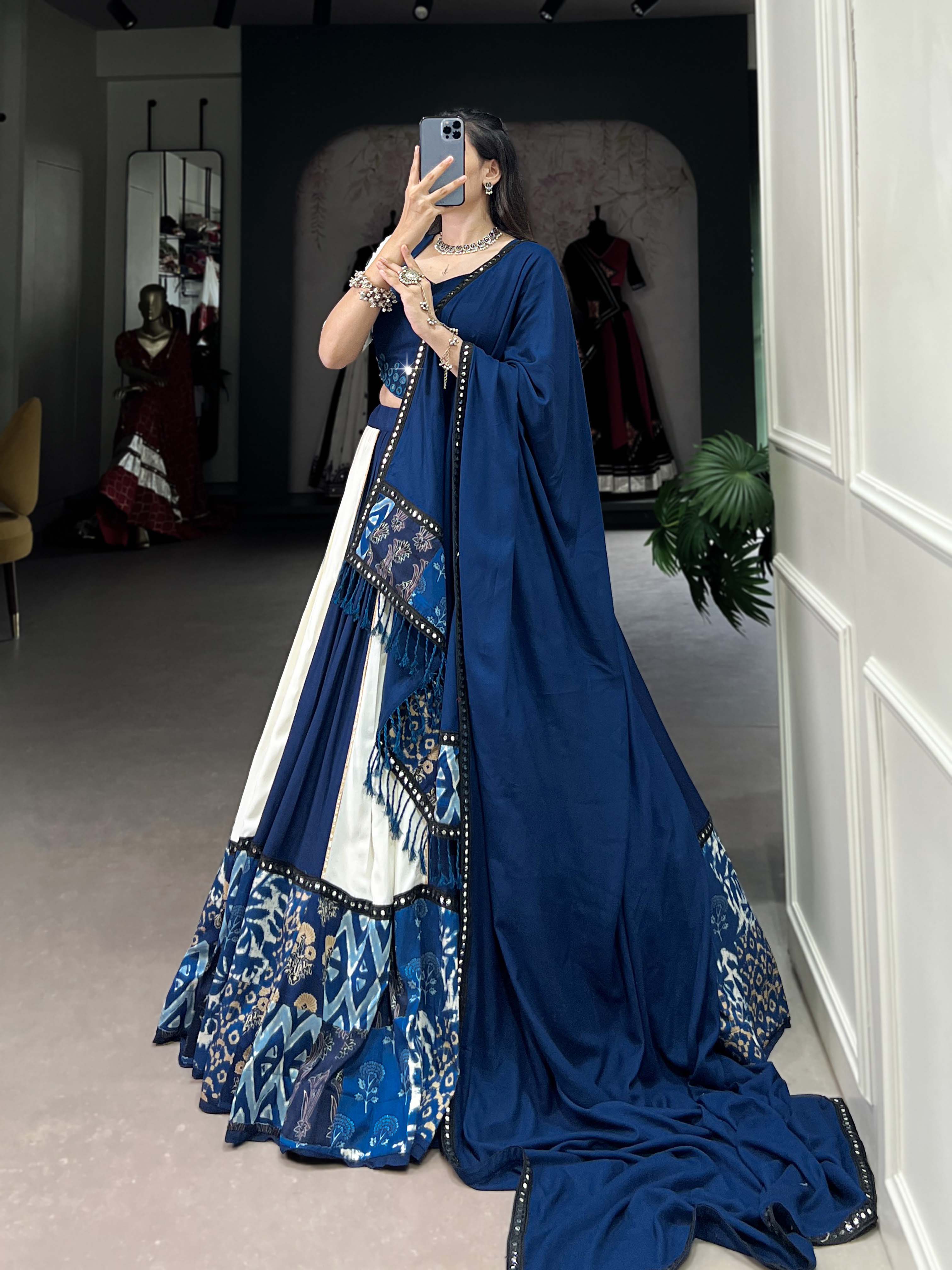 Blue Color Plain And Printed With Paper Mirror Work Rayon Lehenga Choli