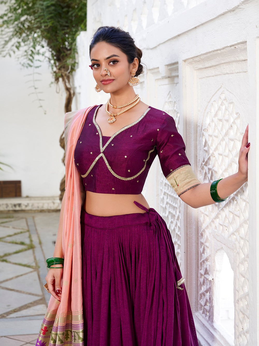 Wine Color Vichitra Silk Plain With Paithani Lace Border South Indian Lehenga Choli