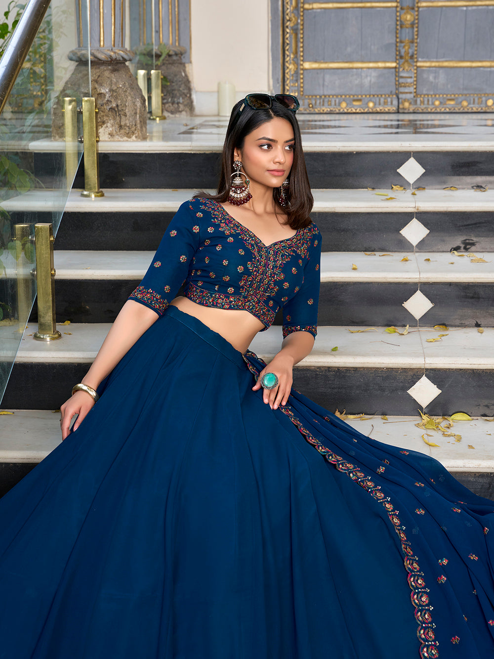 Firozi Color Plain With Sequins And Thread Embroidery Work Georgette Lehenga Choli