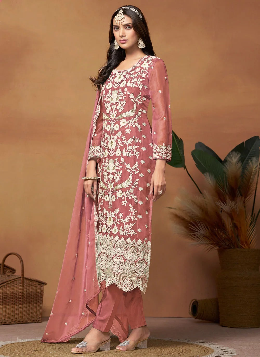 Pink Pakistani Plus Size Suit | Organza Embroidered Wear