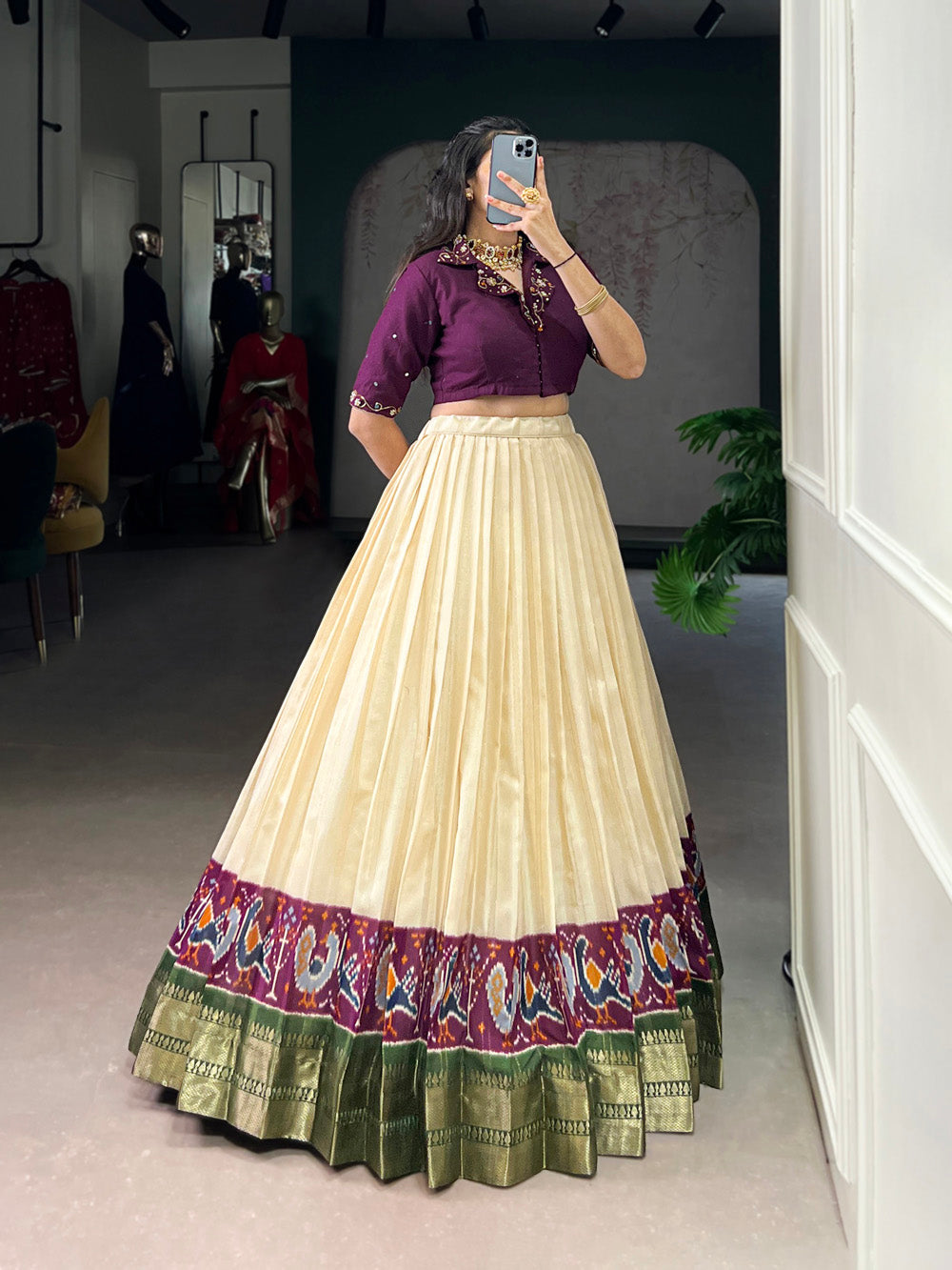 Traditional off white zari weaving lehenga choli in poly cotton fabric with canvas support, styled as elegant festive and ethnic wear
