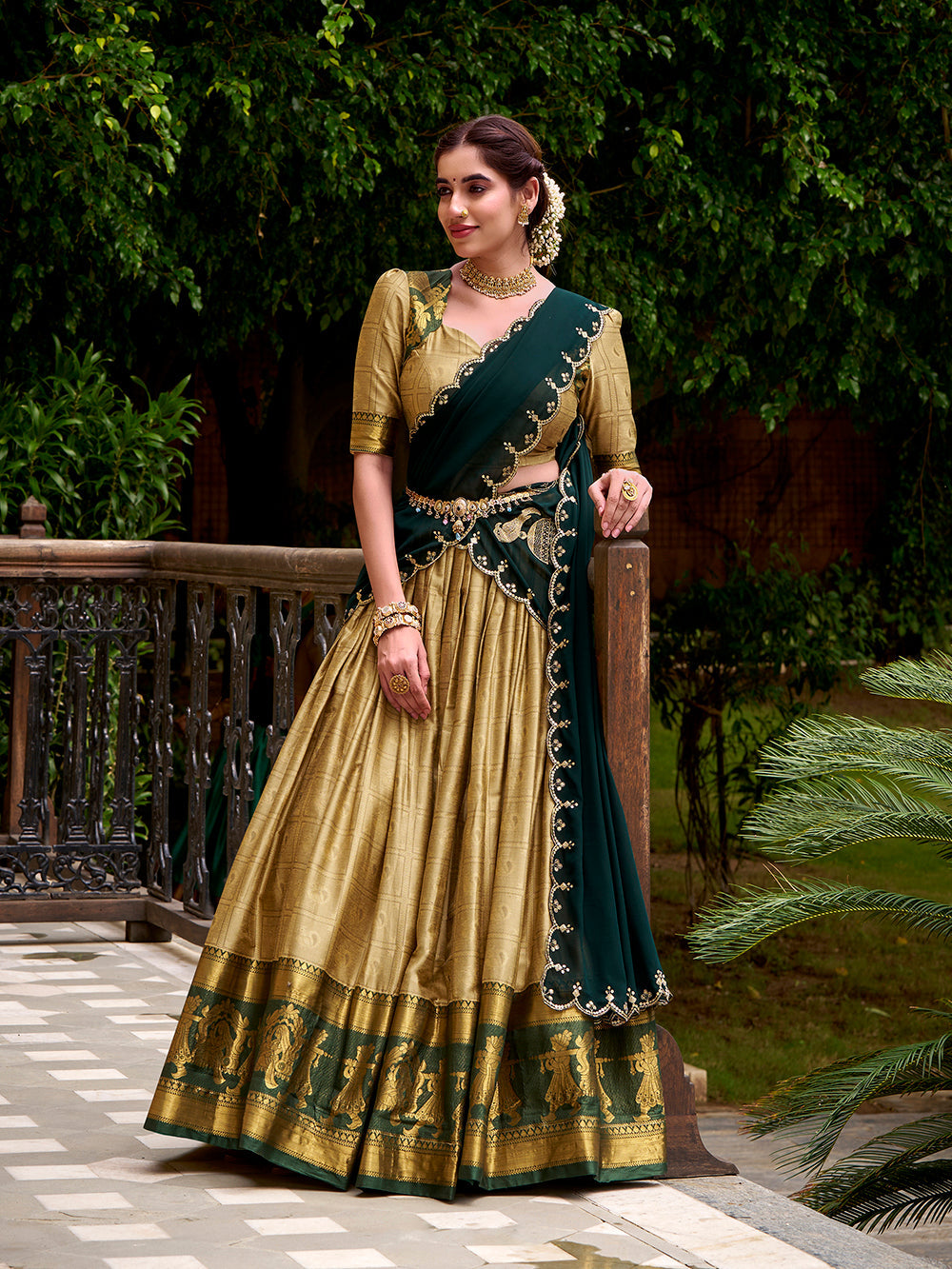 Zari Weaving Cream Lehenga for Weddings