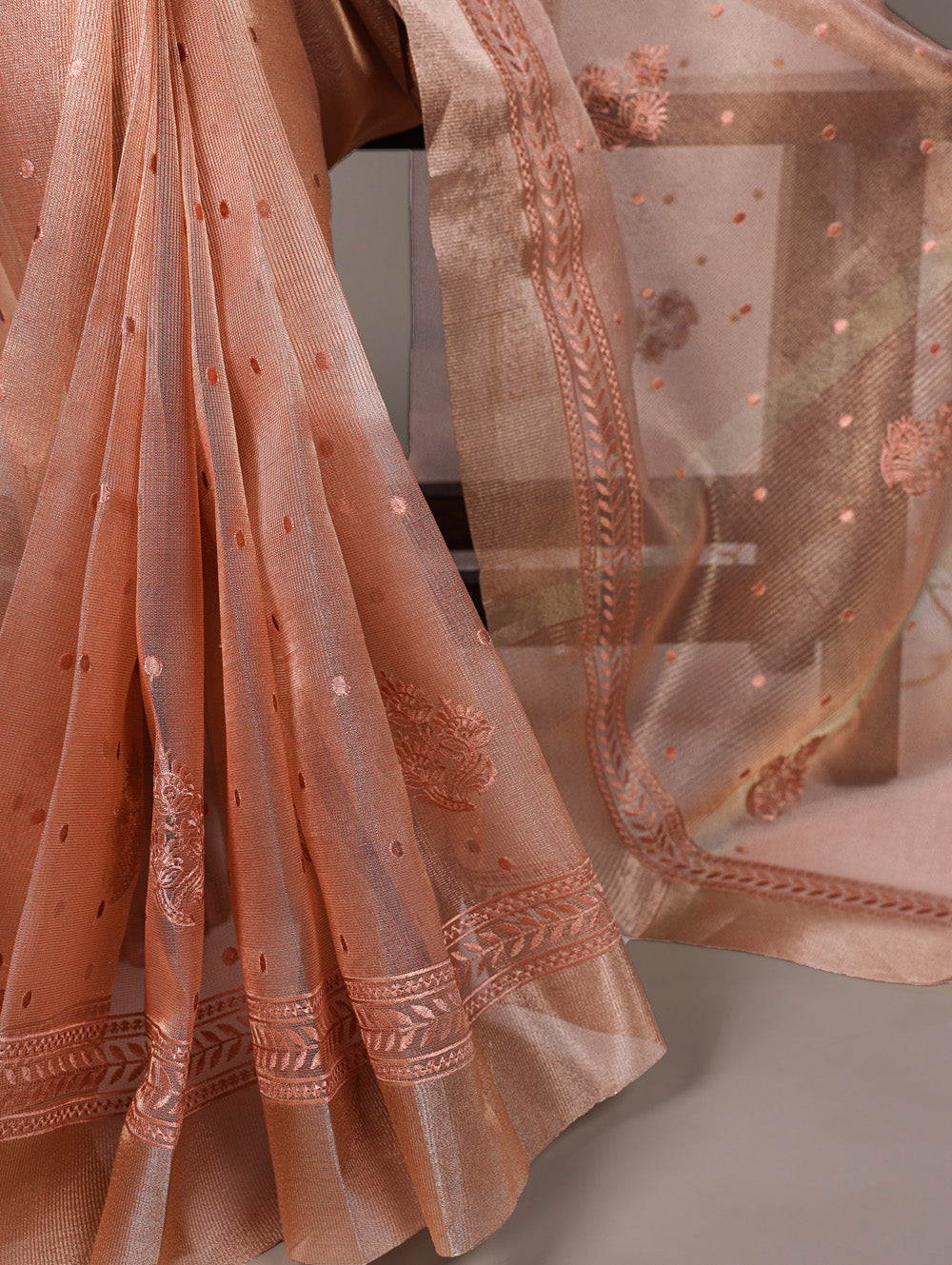 Thread embroidered orange saree