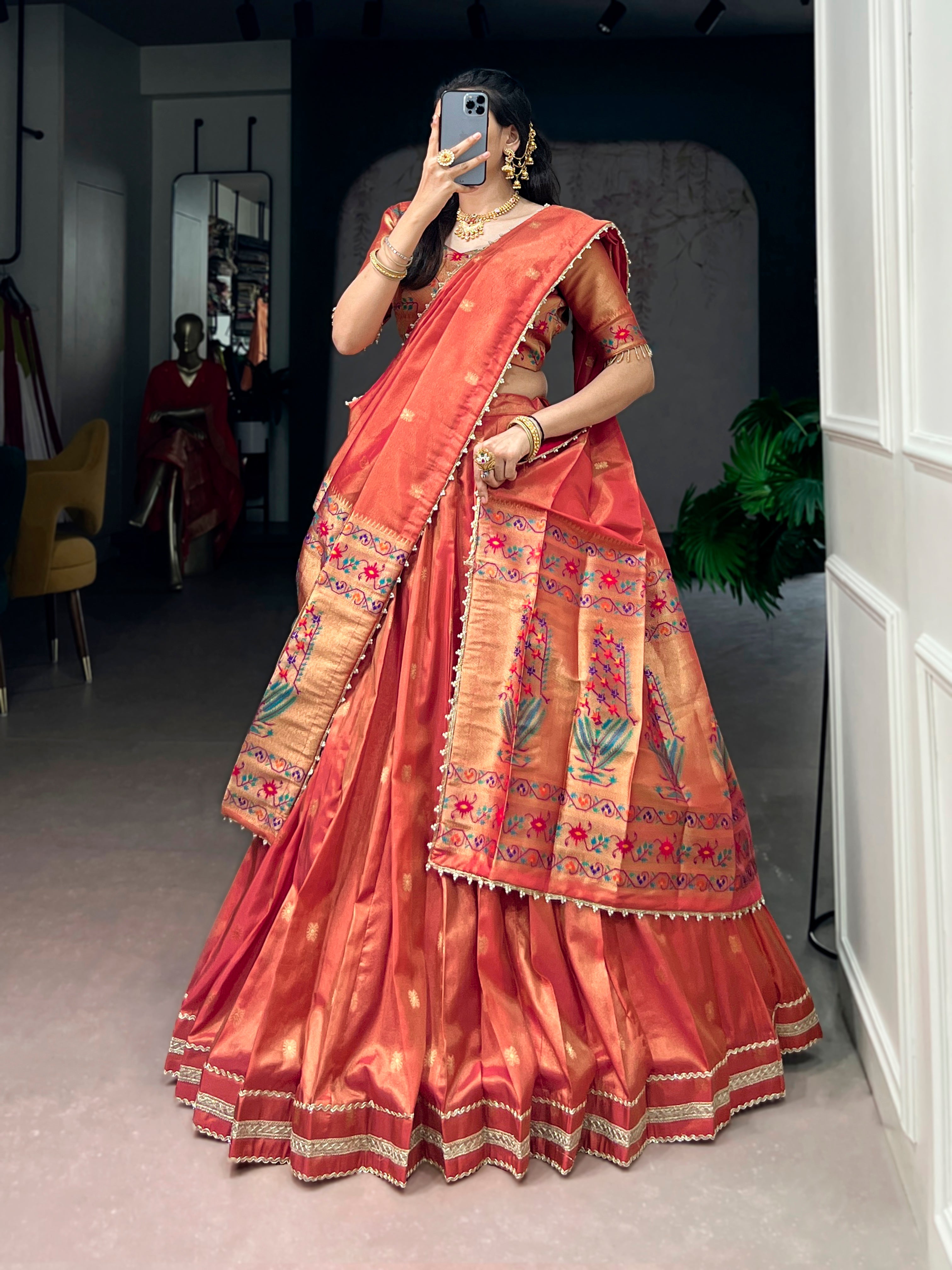 Coral Color Maharastrian Wear Shimmer Lehenga