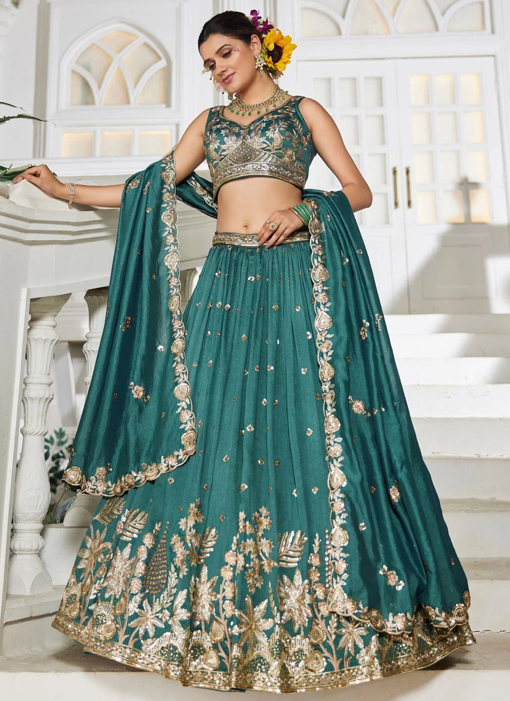 Teal Georgette Lehenga | Sequins & Embroidery – Indian Wedding Dress for Women