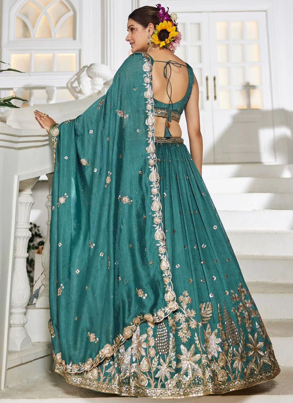 Prestigious Teal Georgette Lehenga with Sequins & Embroidery