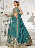 Teal georgette lehenga with sequins, coding and thread embroidery – Indian wedding dress for women