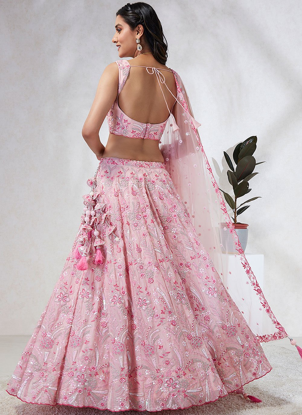 Pretty Pink Poly Georgette Lehenga Choli Set with Sequins and Zarkan Embroidery