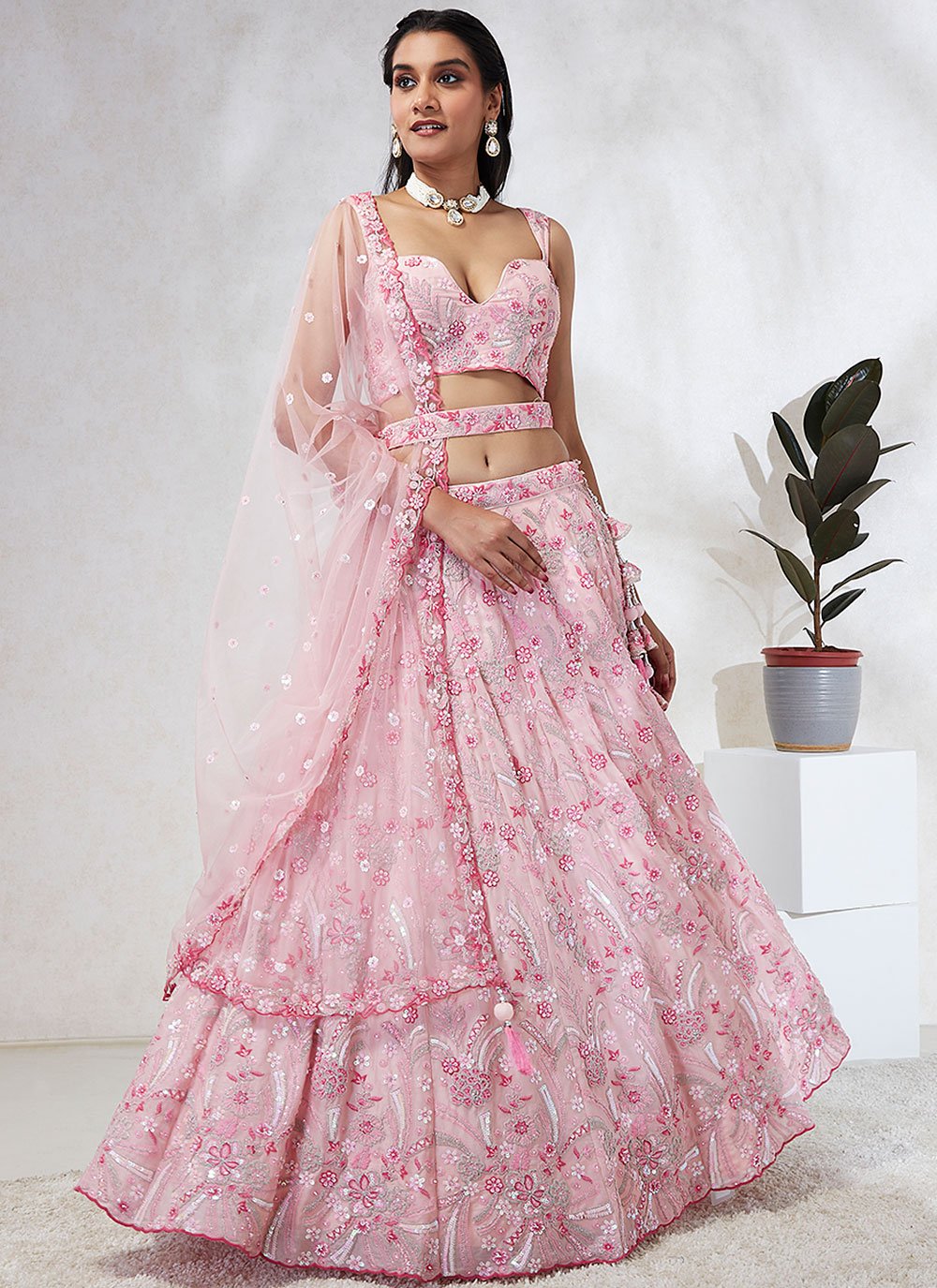 Pretty Pink Poly Georgette Lehenga Choli Set with Sequins and Zarkan Embroidery