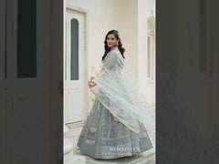 Enchanting Light Blue Grey Butterfly Net Party Wear Lehenga