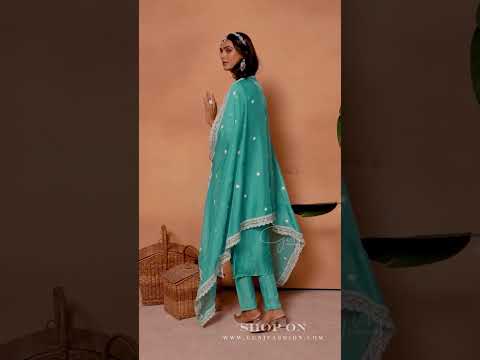 Turquoise Blue Pakistani Suit with Soft Organza Bottom