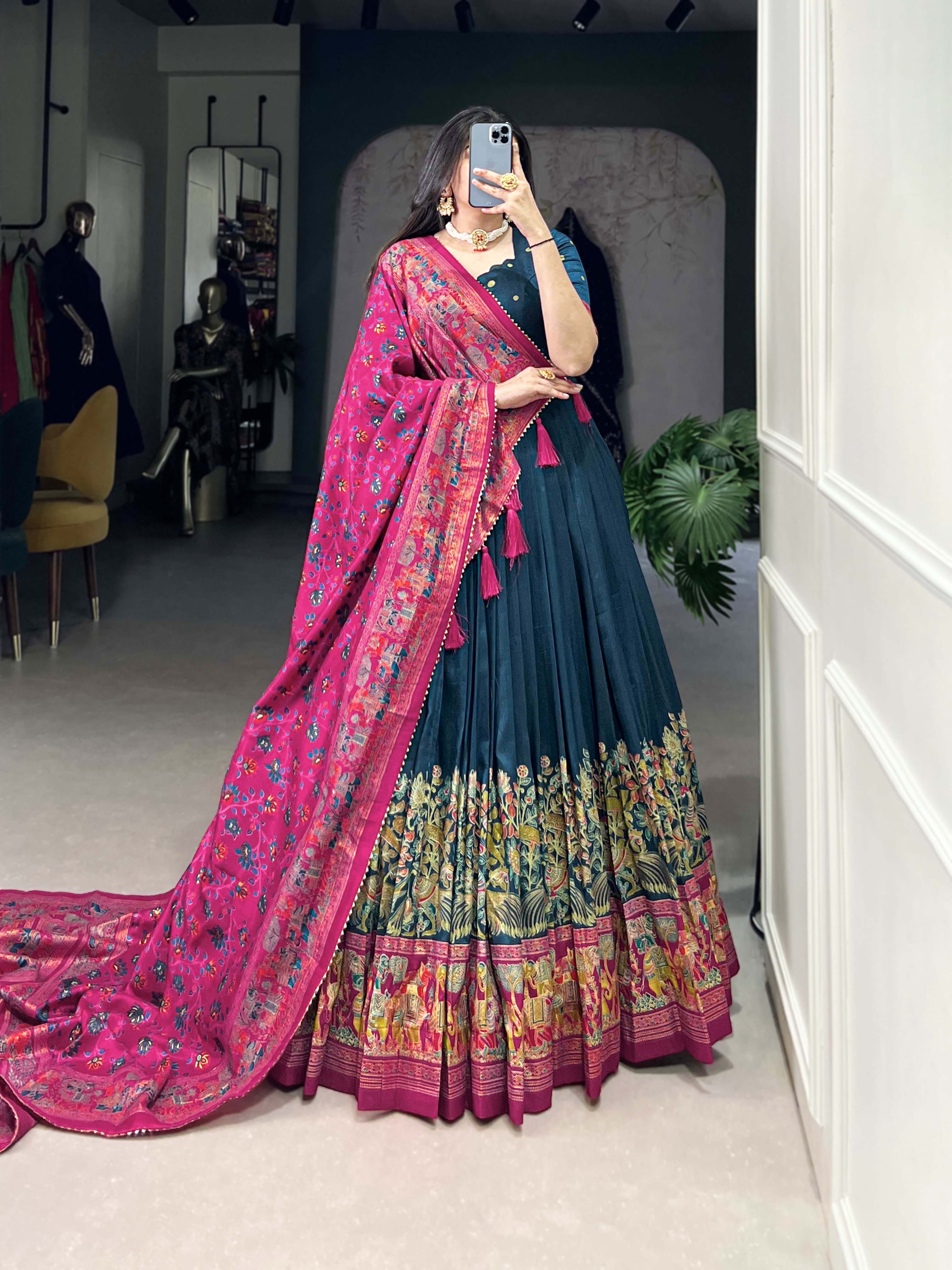 Peacock Blue Color Printed Foil Work Tussar Silk Lehenga Choli