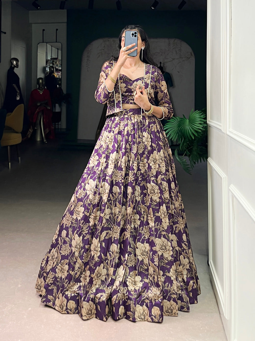 Violet crop-top lehenga with lace koti