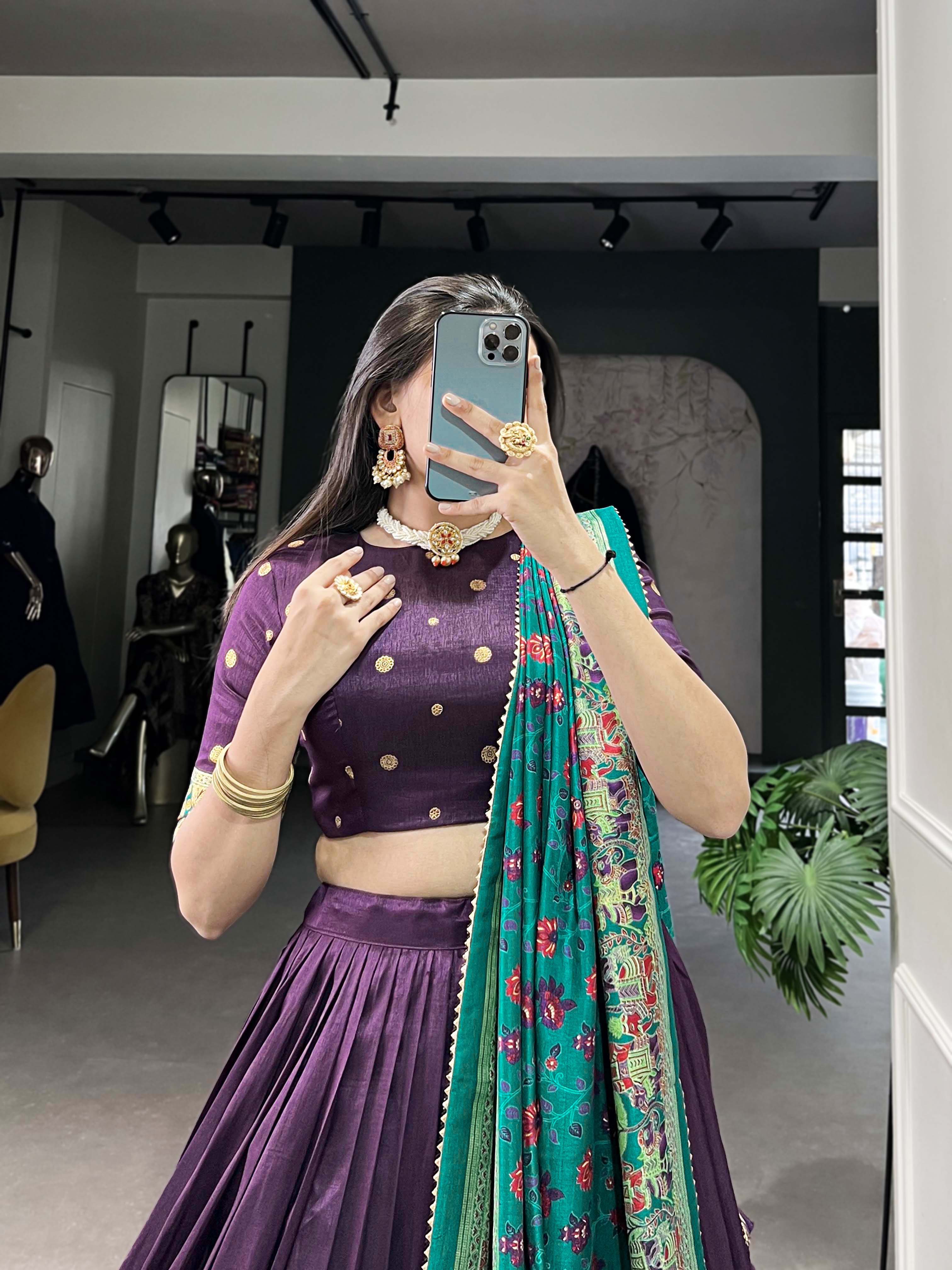 Purple Color Printed Foil Work Tussar Silk Lehenga Choli