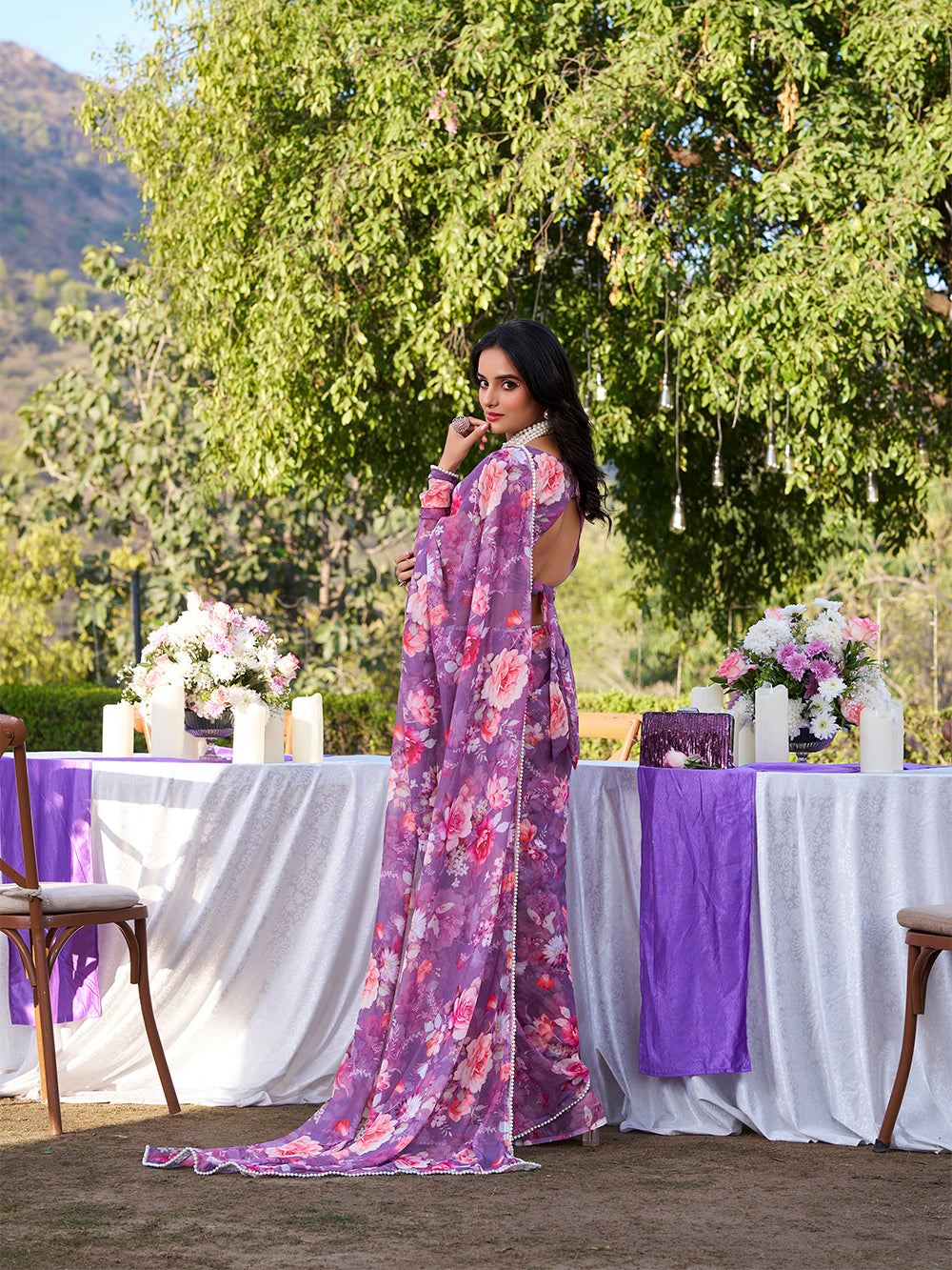 Lightweight onion partywear saree for festive occasions