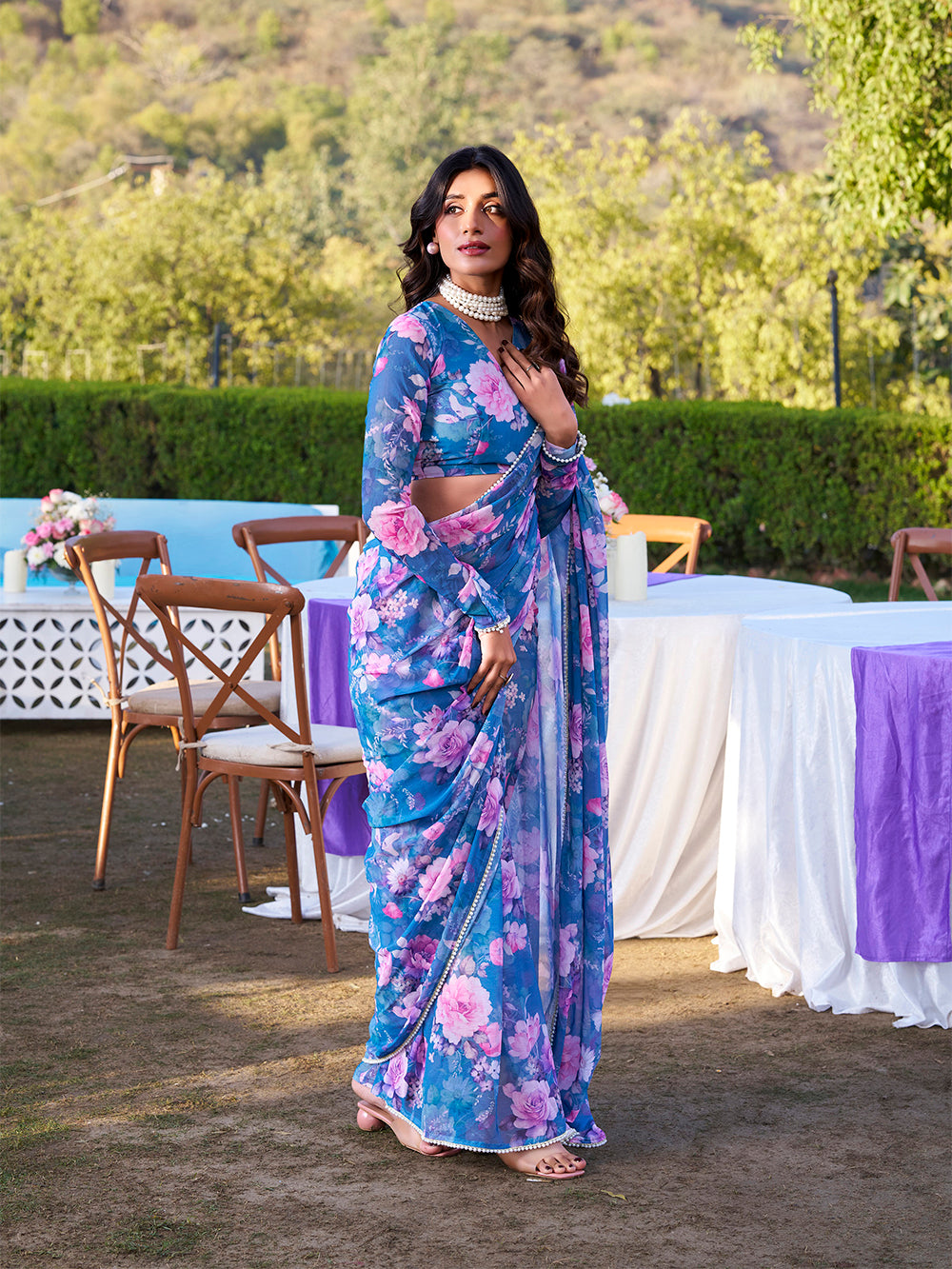 Printed marble saree in blue with blouse fabric