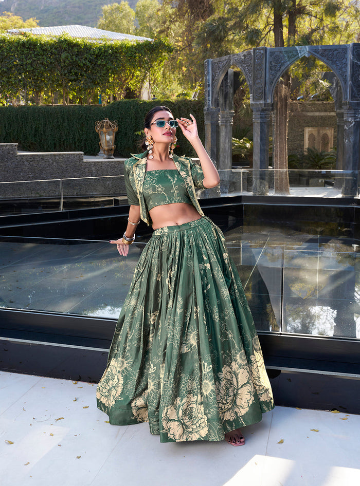 Bottle green Tussar silk floral print lehenga choli