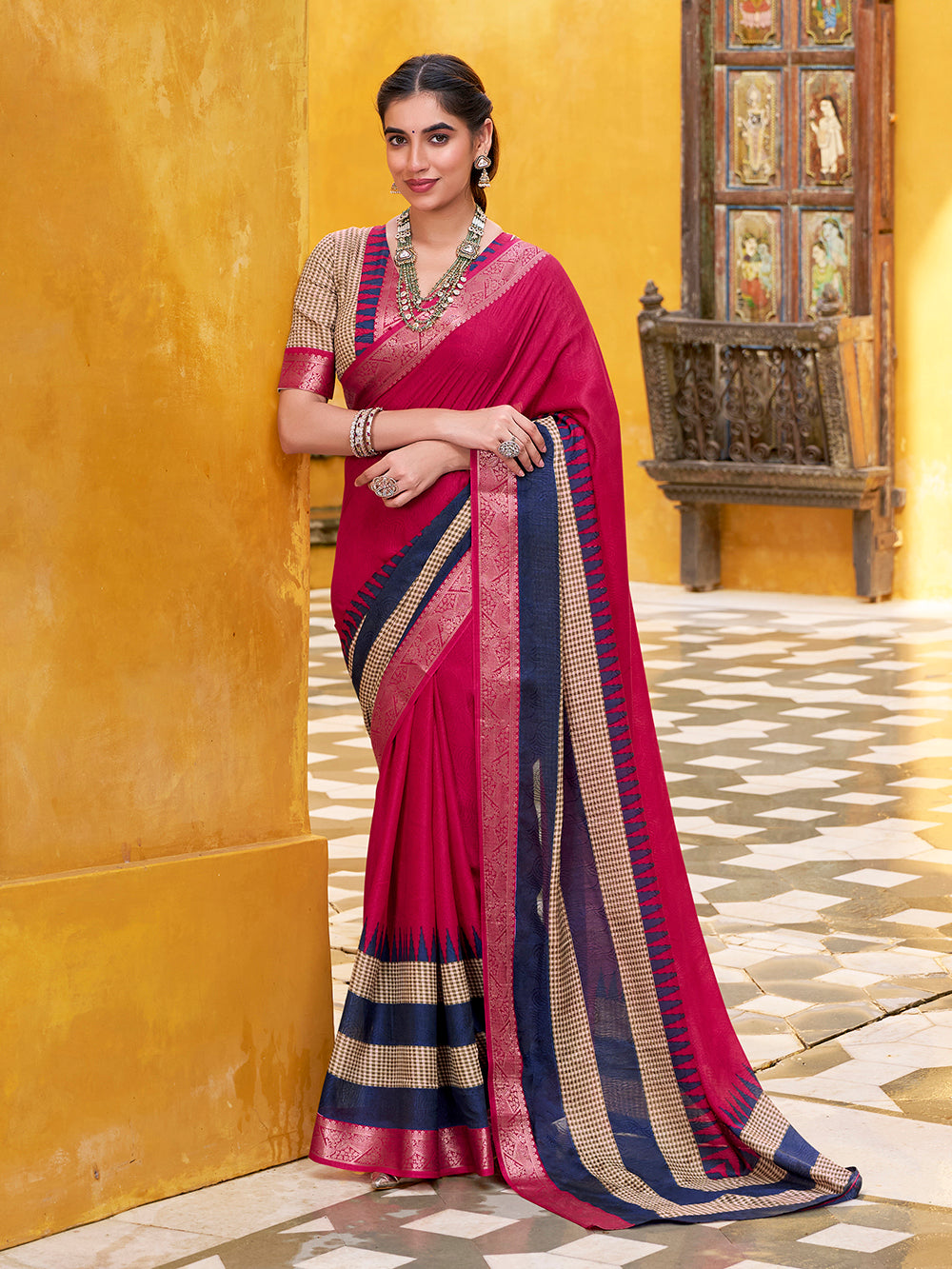 Pink zari weaving saree with temple pallu