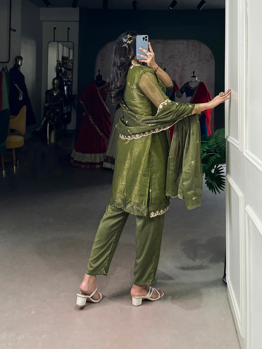 Olive Green Color Sequins And Thread Embroidery Work Gold Coin Salwar Suit
