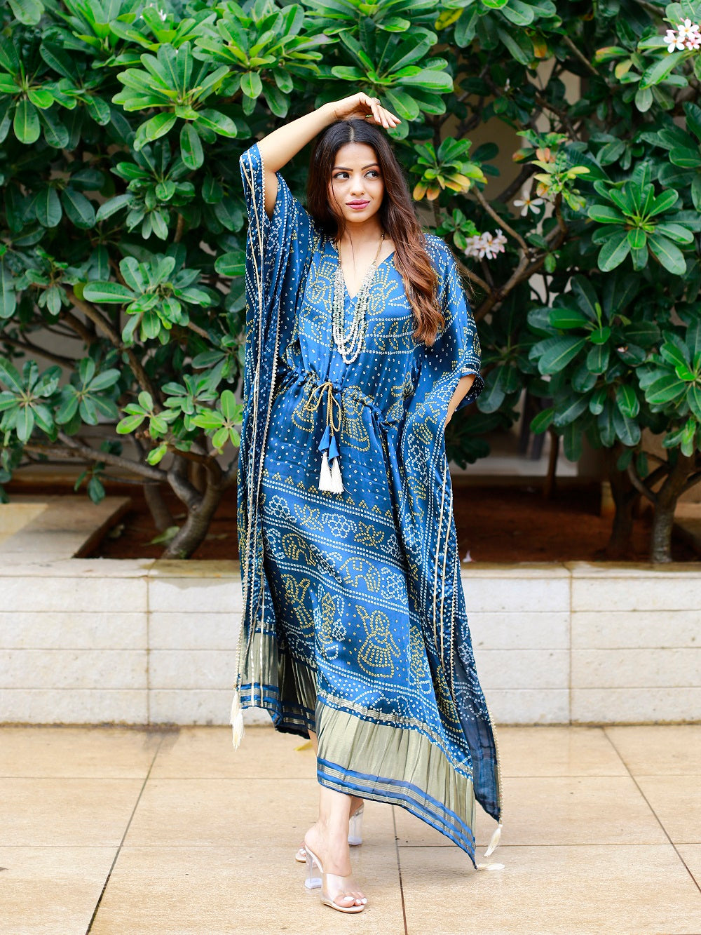 Navy Blue Color Digital Bandhej Printed Pure Gaji Silk Kaftan