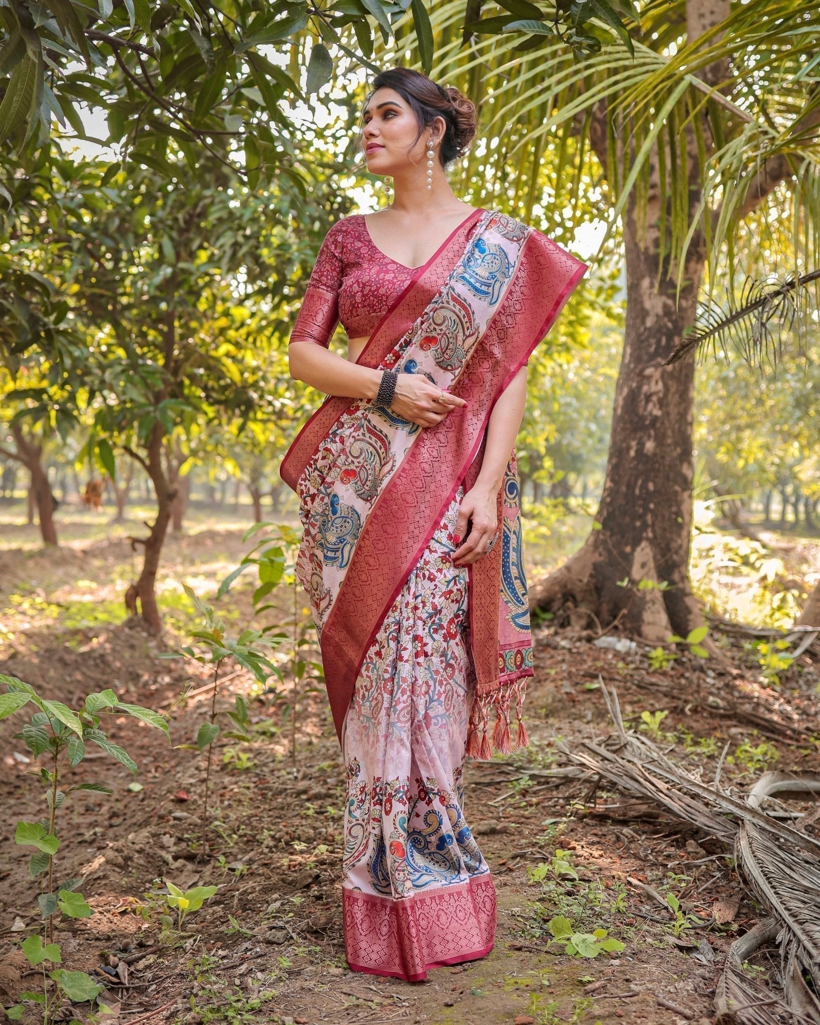 Blush Pink Pure Tussar Silk Saree with Zari Woven Maroon Border and Digital Prints