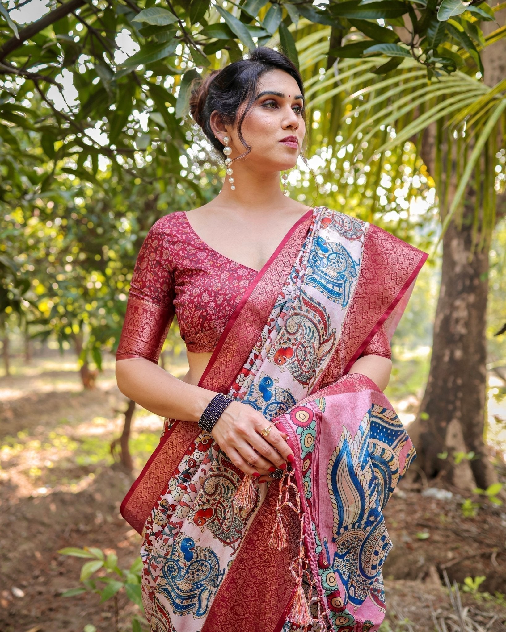 Blush Pink Pure Tussar Silk Saree with Zari Woven Maroon Border and Digital Prints