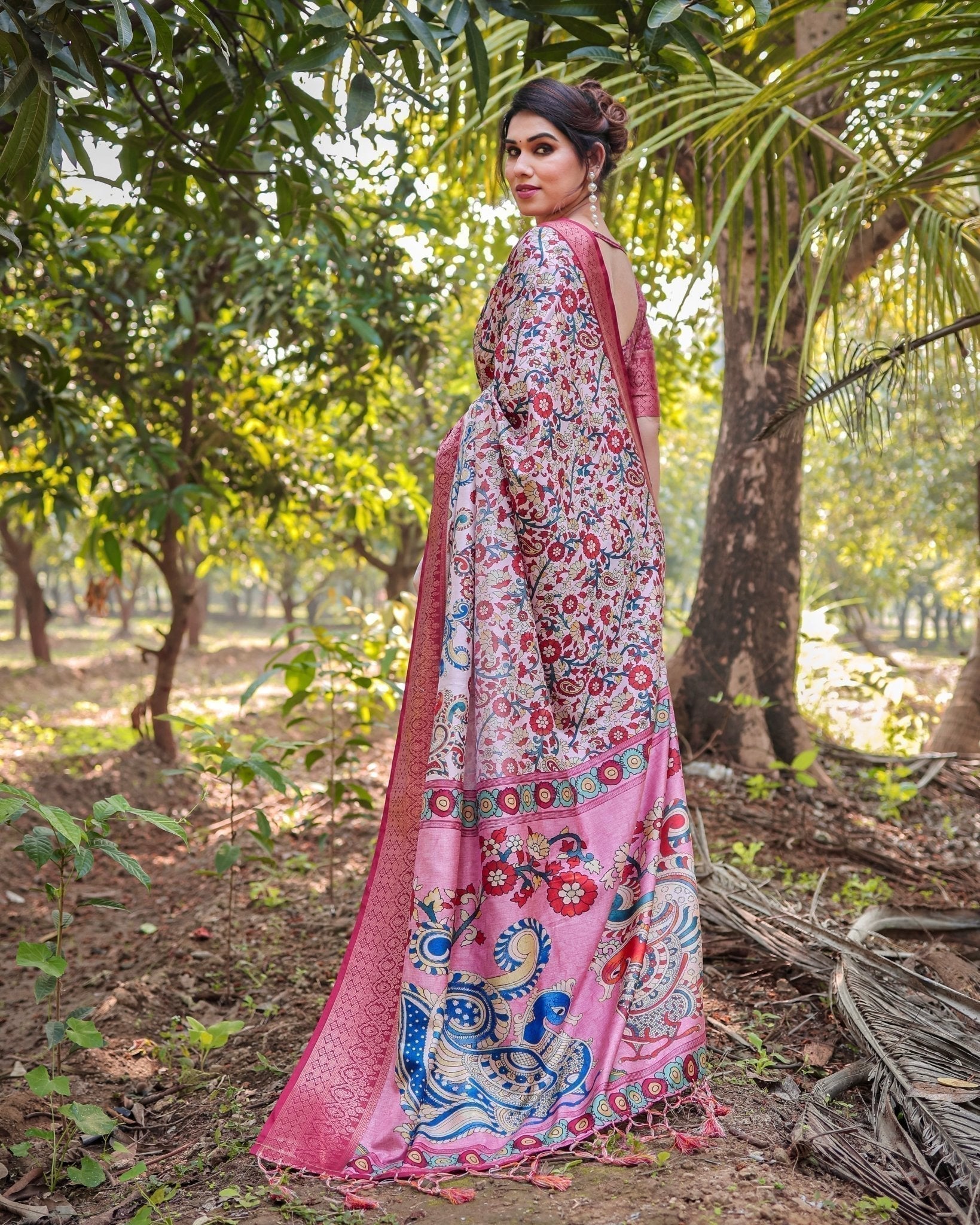 Blush Pink Pure Tussar Silk Saree with Zari Woven Maroon Border and Digital Prints