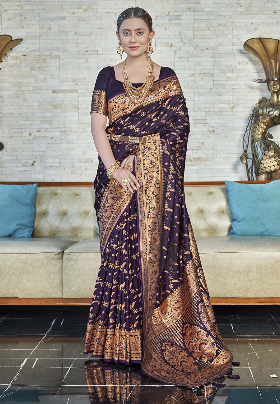 pure banarasi katan silk saree with zari jaal in dark magenta