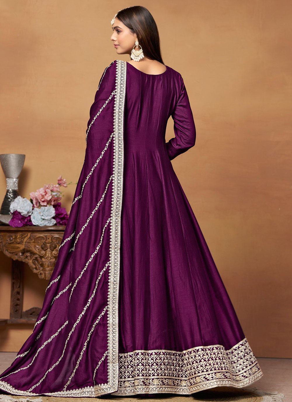Purple Anarkali Dress In Art Silk With Embroidery