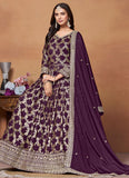 Purple Anarkali Suit in Dola Jacquard with Chinnon Dupatta and Zari Work