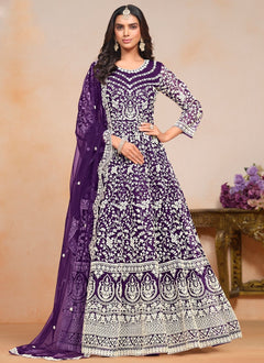 Purple embroidered Anarkali suit with net dupatta for women