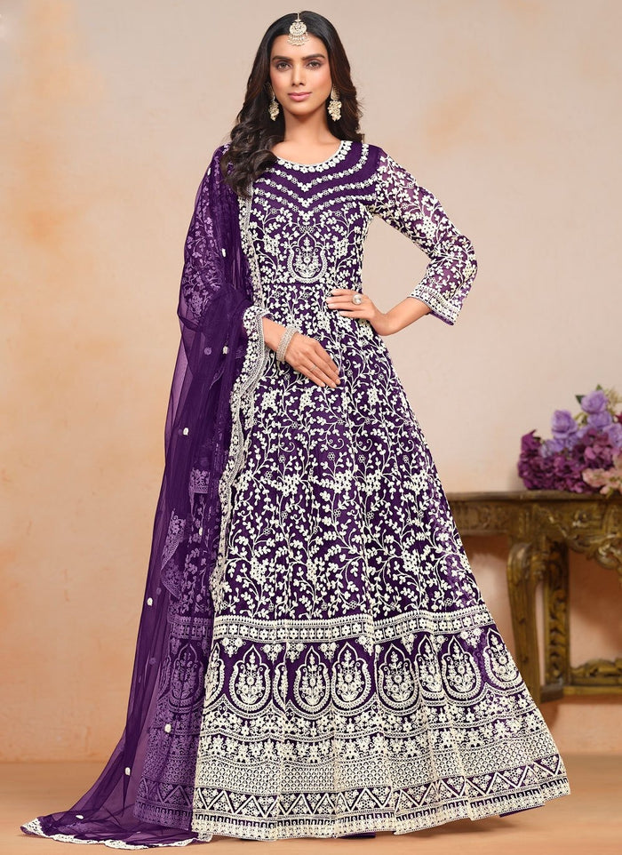 Purple embroidered Anarkali suit with net dupatta for women