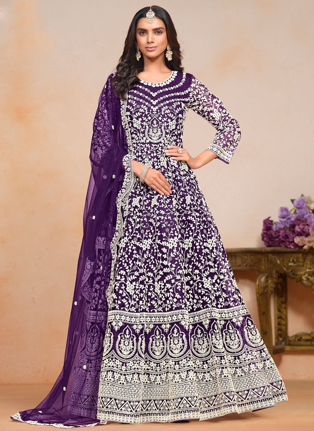 Purple embroidered Anarkali suit with net dupatta for women