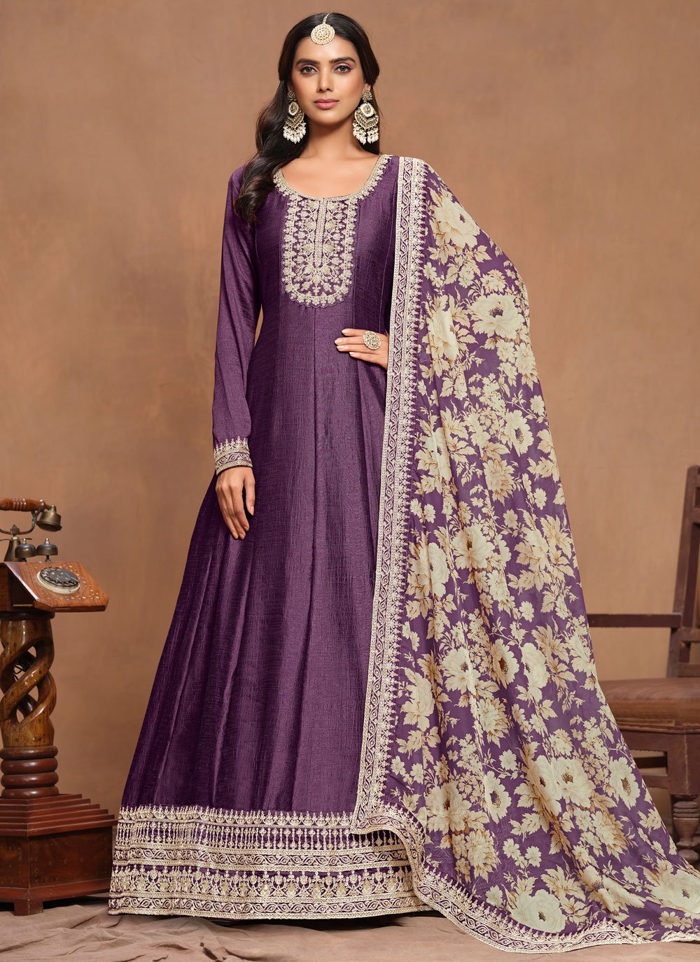 Purple Art Silk Embroidered Long Indian Anarkali Gown with Organza Dupatta