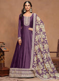 Purple Art Silk Embroidered Long Indian Anarkali Gown with Organza Dupatta