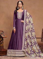 Purple Art Silk Embroidered Long Indian Anarkali Gown with Organza Dupatta