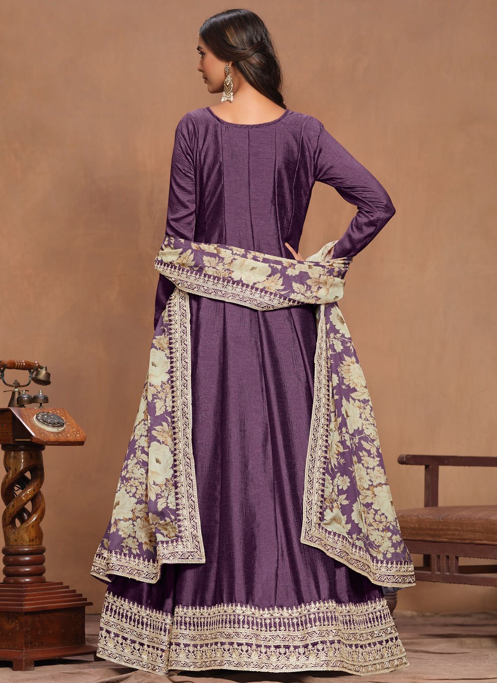 Purple Art Silk Embroidered Long Indian Anarkali Gown with Organza Dupatta