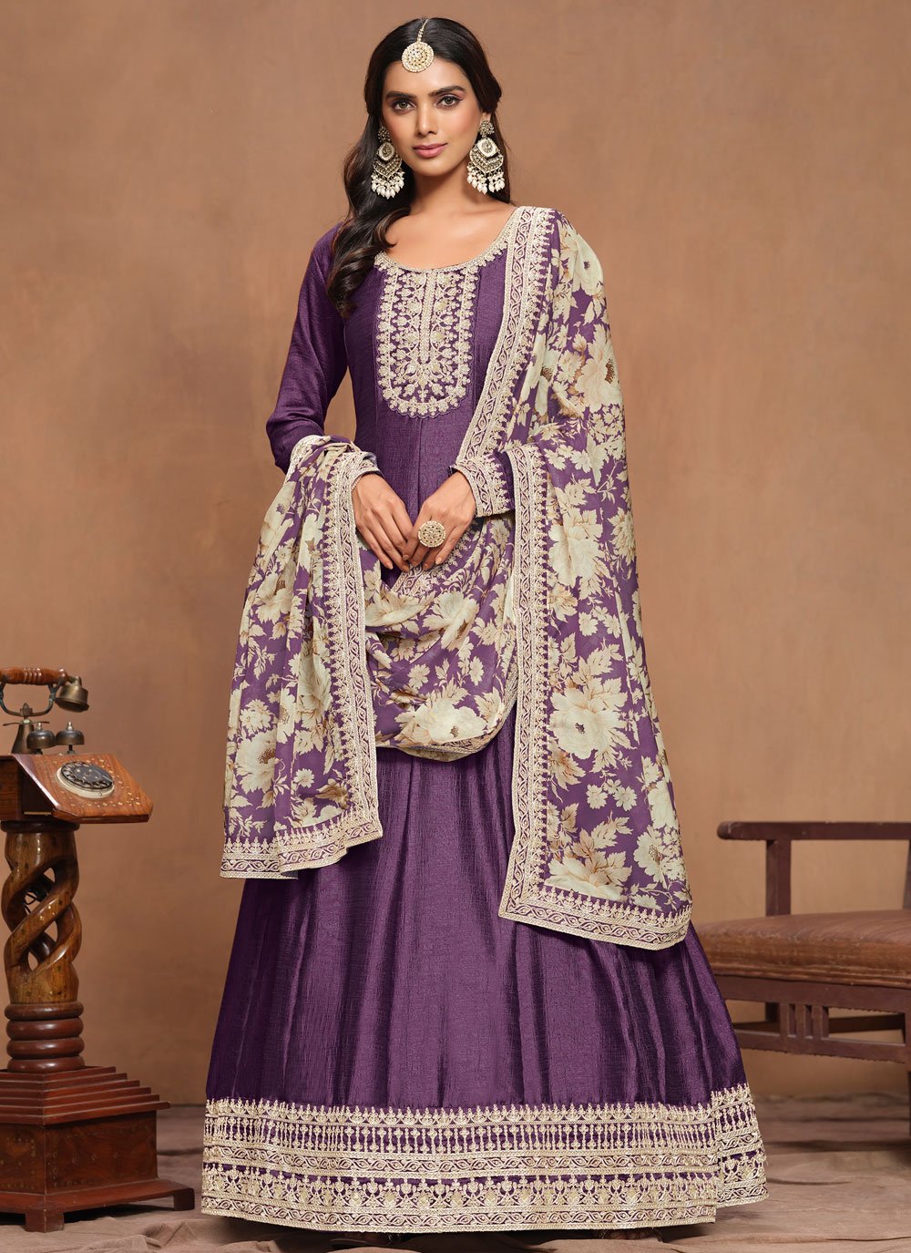 Purple Art Silk Embroidered Long Indian Anarkali Gown with Organza Dupatta