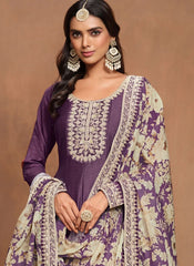 Purple Art Silk Embroidered Long Indian Anarkali Gown with Organza Dupatta