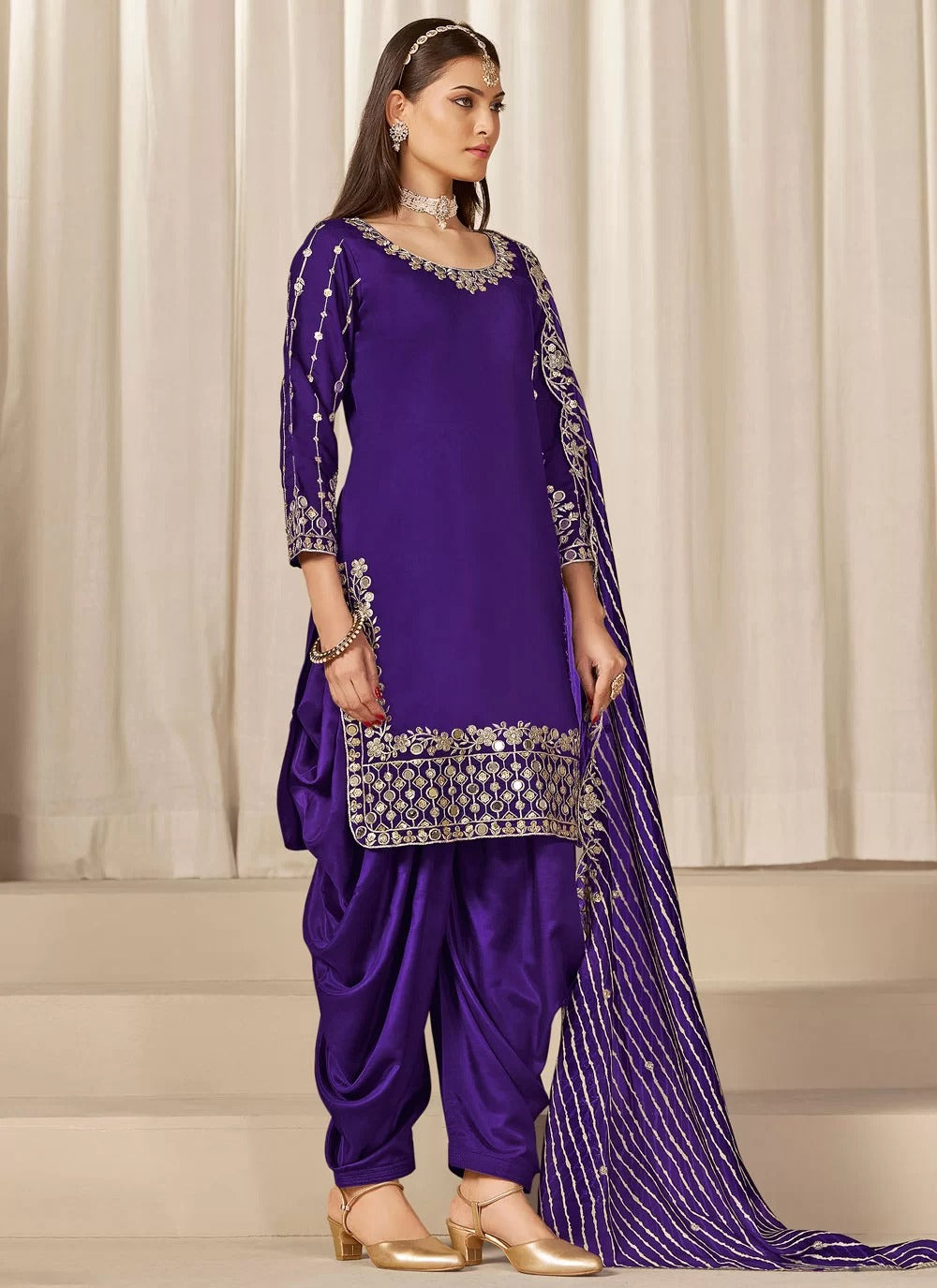 Purple Punjabi suit for women in Chanderi silk with real mirror embroidery and organza dupatta