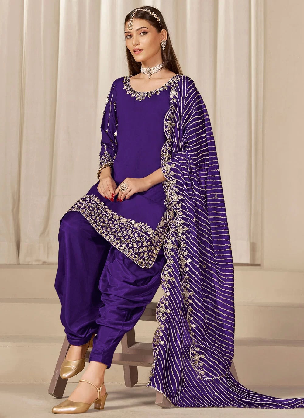 Purple Chanderi Silk Punjabi Suit with Mirror Embroidery