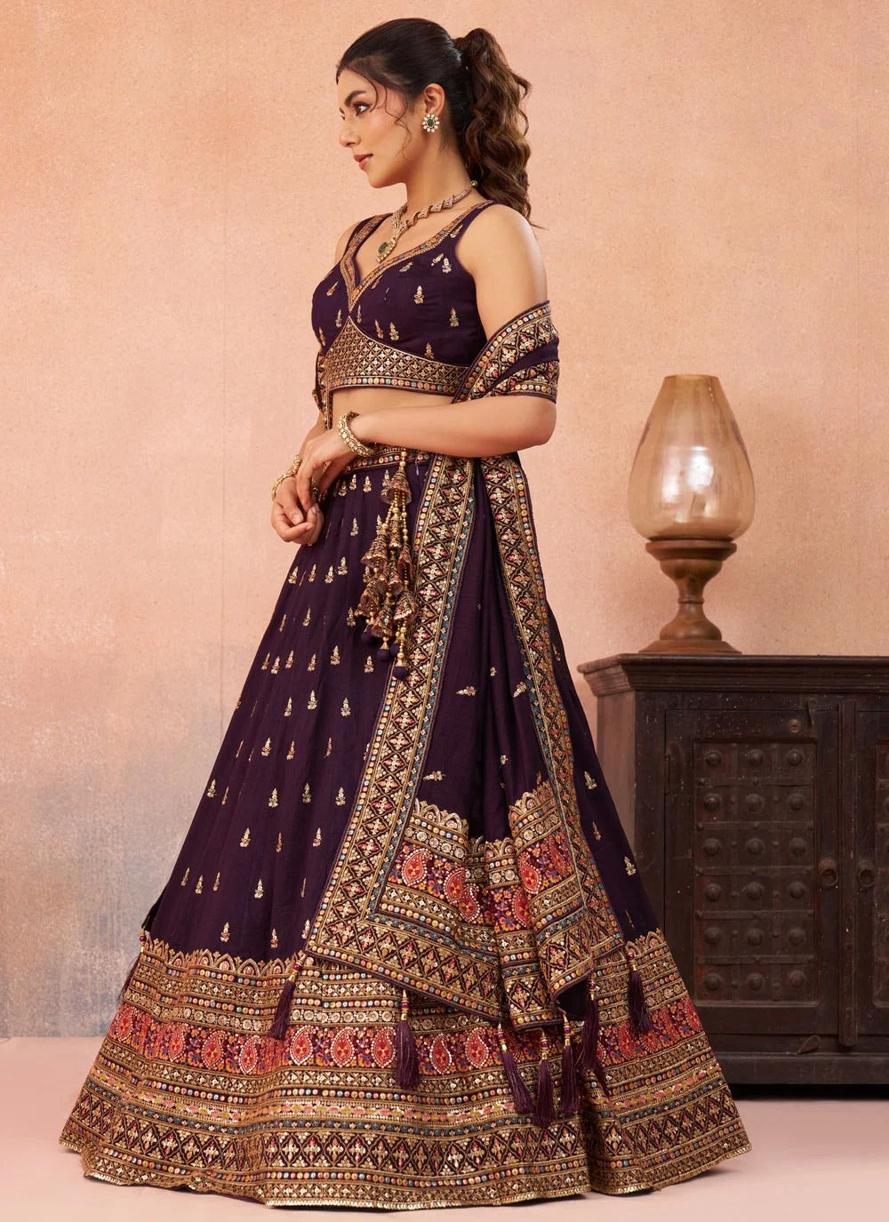 Zari Embroidered Wedding Lehenga in Purple
