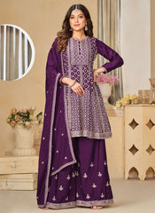 Purple Chinon Embroidered Sharara Suit for Weddings and Special Occasions