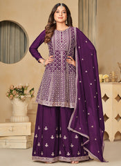 Purple Chinon Embroidered Sharara Suit for Weddings and Special Occasions