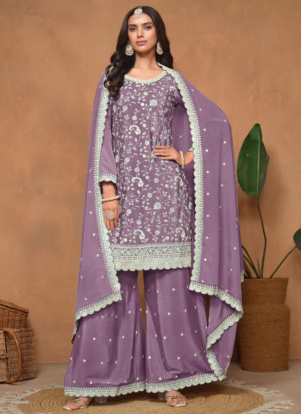 Purple Chinon Sequins Embroidered Palazzo Suit For Women