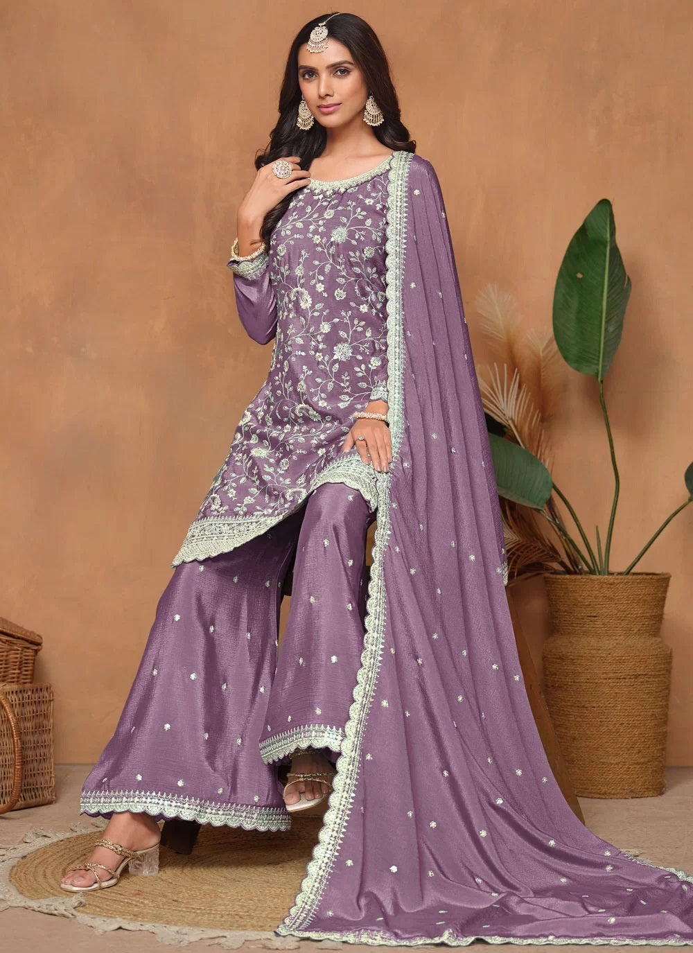 Purple Chinon Sequins Embroidered Palazzo Suit For Women