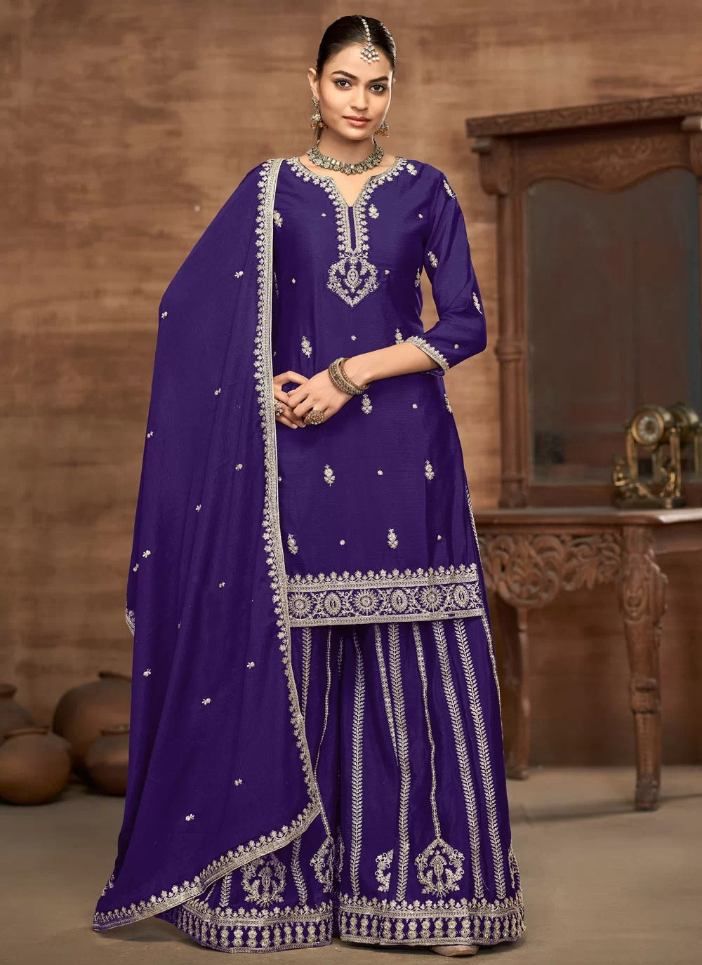 Purple Ready to Wear Palazzo Suit | Chinon Silk Embroidered Set